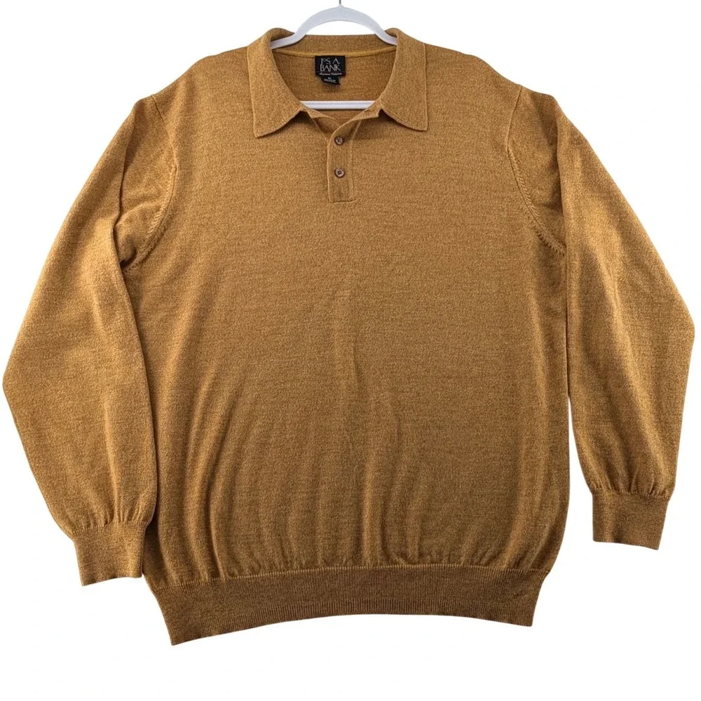 Jos A Bank Signature Polo Sweater Mens X-Large Gold 100% Italian Merino Wool